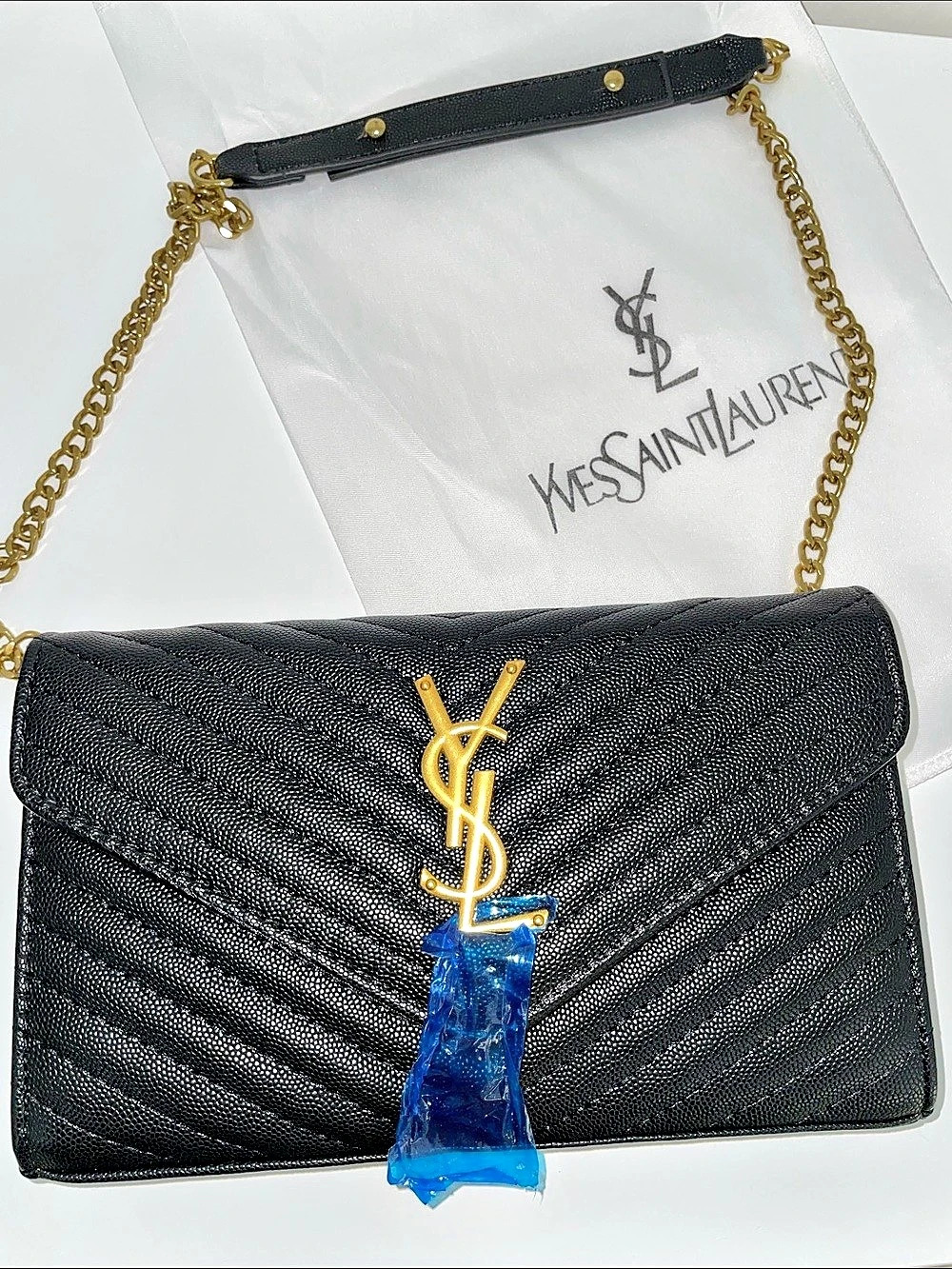 Black embossed monogram gold chain shoulder purse handbag
